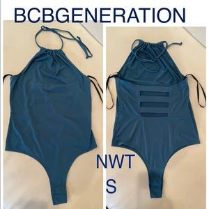 NWT (S) TEAL BCBGENERATION NEW BODYSUIT ruched high neck hollow cut out back